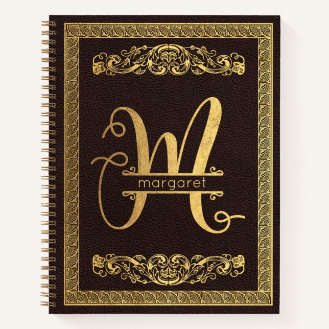 Gold Letter M & Name on Brown Leather Monogrammed Notebook (Front)