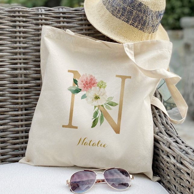 Gold Letter N and Blush Floral Personalised Tote Bag (Creator Uploaded)