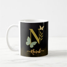Gold Letter N Butterfly Mug Design