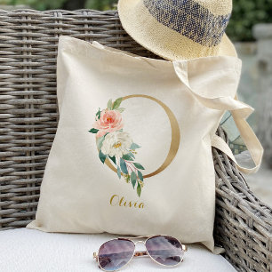Gold Letter O and Blush Floral Personalised Tote Bag