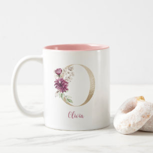 Gold Letter O  , Monogram O, Pink Floral Gift Her  Two-Tone Coffee Mug