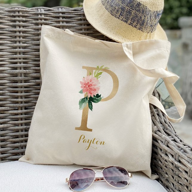 Gold Letter P and Blush Floral Personalised Tote Bag (Creator Uploaded)