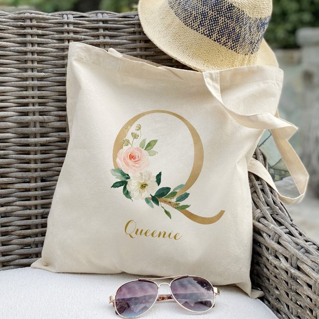 Gold Letter Q and Blush Floral Personalised Tote Bag (Creator Uploaded)