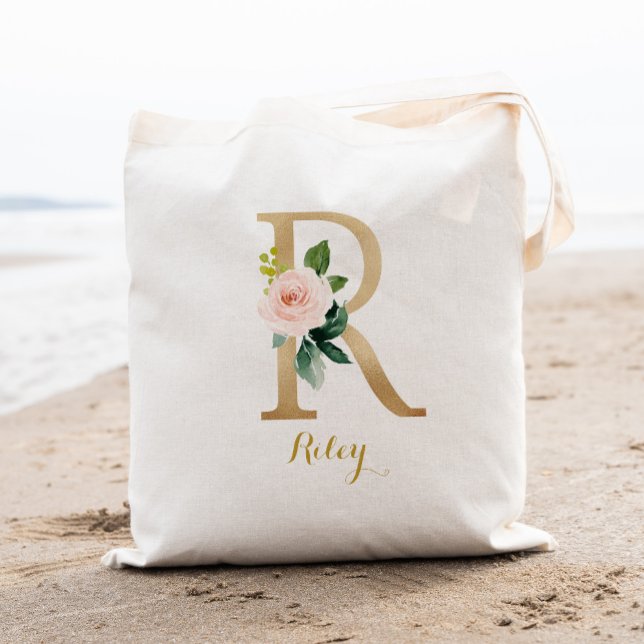 Gold Letter R and Blush Floral Personalised Tote Bag (Creator Uploaded)
