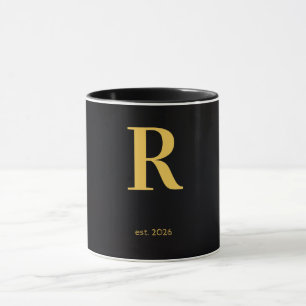 Gold Letter R Black Mug Minimalist Monogram Mug