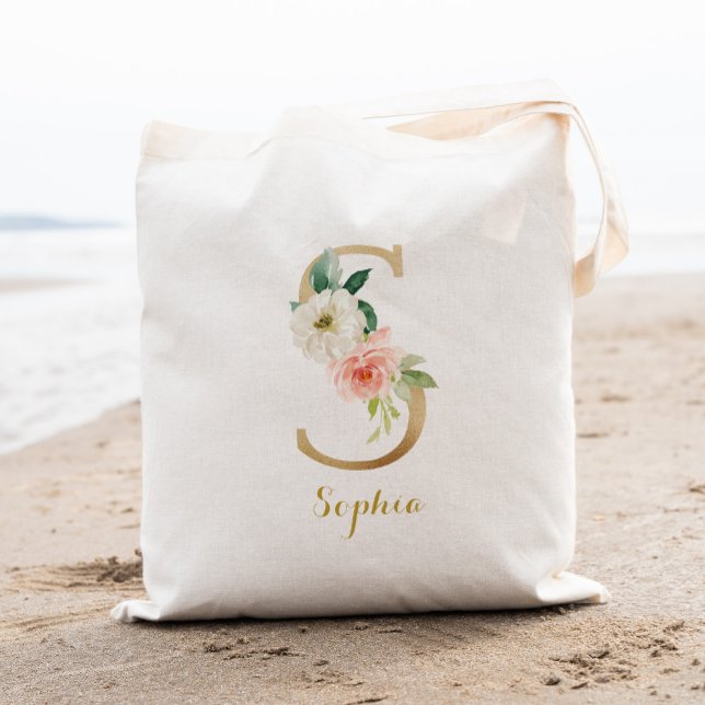 Gold Letter S and Blush Floral Personalised Tote Bag (Creator Uploaded)