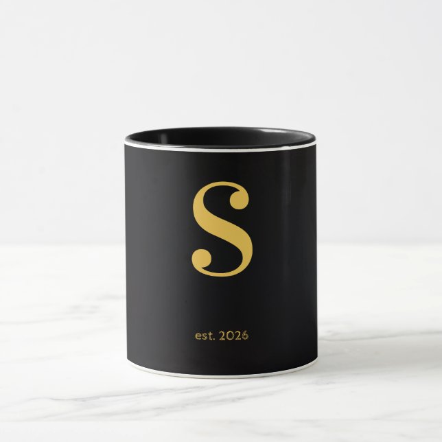 Gold Letter S Black Mug | Minimalist Monogram Mug (Center)