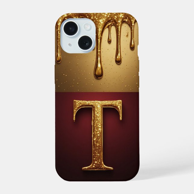 Gold Letter T Monogram With Dripping Metall iPhone 15 Case (Back)