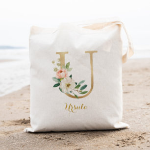 Gold Letter U and Blush Floral Personalised Tote Bag