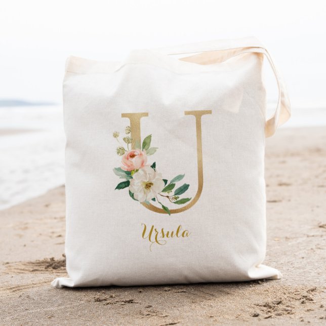 Gold Letter U and Blush Floral Personalised Tote Bag (Creator Uploaded)
