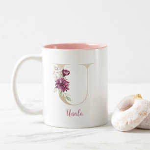 Gold Letter U, Monogram U, Pink Floral Gift Her  Two-Tone Coffee Mug