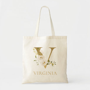 Gold Letter V Monogram Floral Watercolor Tote Bag