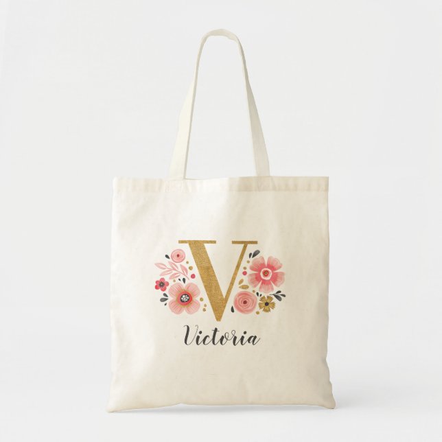 Gold Letter V Pink Floral Monogram Tote Bag (Front)