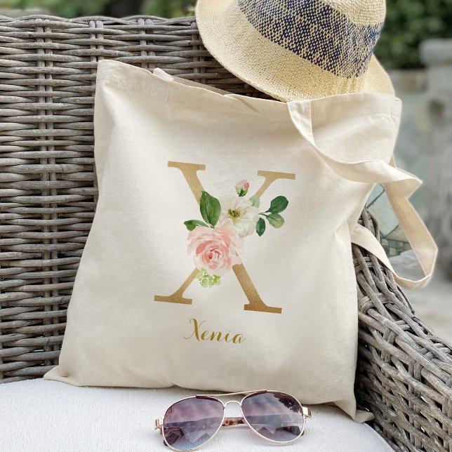 Gold Letter X and Blush Floral Personalised Tote Bag (Creator Uploaded)