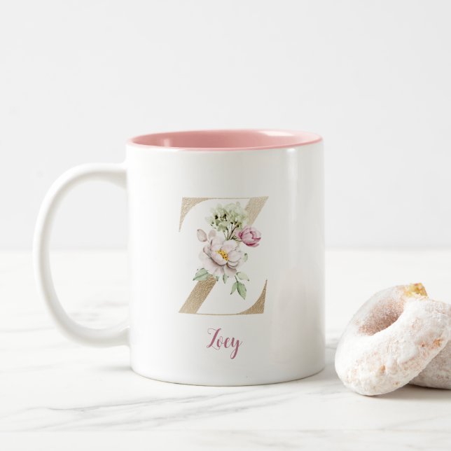 Gold Letter Z, Monogram Z, Pink Floral Gift Her  Two-Tone Coffee Mug (With Donut)