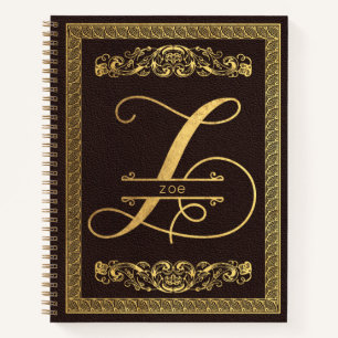 Gold Letter Z & Name on Brown Leather Monogrammed Notebook