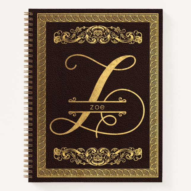 Gold Letter Z & Name on Brown Leather Monogrammed Notebook (Front)