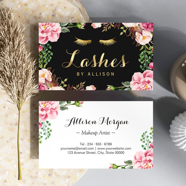 Gold Lettering Eyelashes Makeup Artist Pink Floral Business Card (Creator Uploaded)