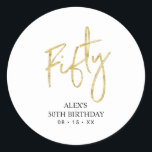 Gold Lettering Fifty 50th Birthday Favour Thank yo Classic Round Sticker<br><div class="desc">This simple custom thank you sticker will add stylish detail to your special day. This design features modern script lettering " Fifty" with custom text. Matching 50th birthday invitations and party supplies are available in my shop BaraBomDesign.</div>