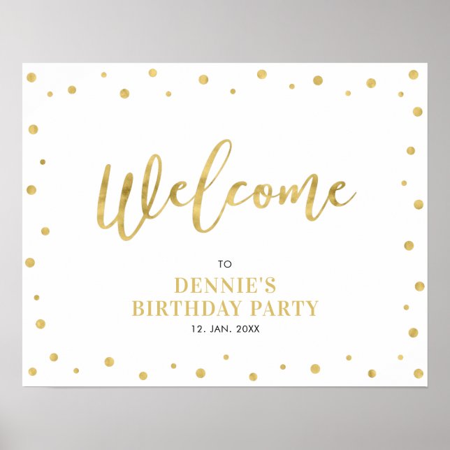 Gold Lettering Modern Confetti Welcome Party Sign (Front)