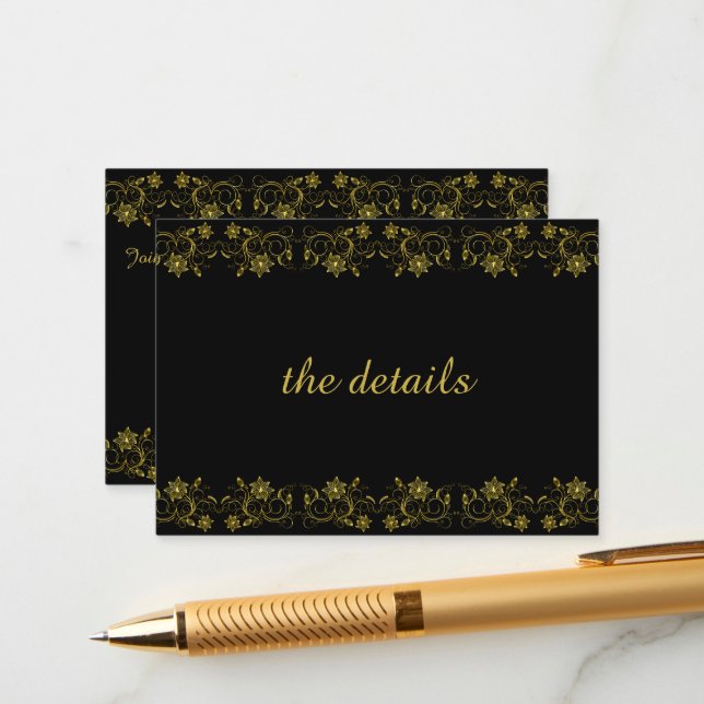 Gold Lettering on Black with Filigree design Enclosure Card (Front/Back In Situ)