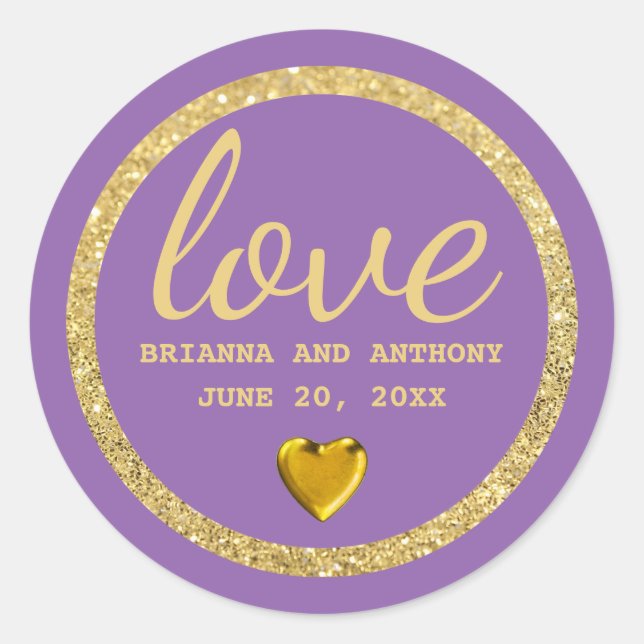Gold Lettering on Purple Wedding Favour Stickers (Front)