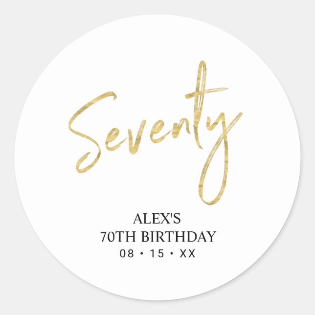 Gold Lettering Seventy 70th Birthday Party Favour  Classic Round Sticker (Front)