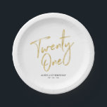 Gold Lettering Twenty one 21st birthday Party Paper Plate<br><div class="desc">This custom paper plate will add stylish detail to the modern gold 21st birthday. This design features simple chic lettering "Twenty One" with custom text. Matching invitations and party supplies are available in my shop BaraBomDesign.</div>
