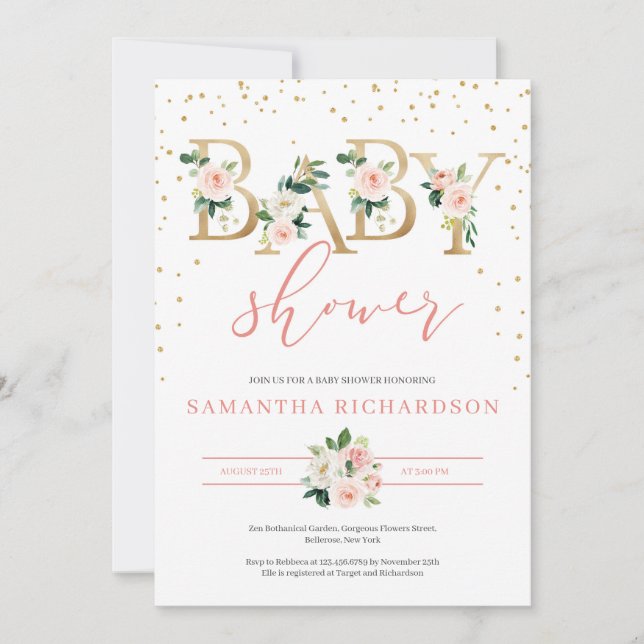 Gold Letters and Blush Floral Baby Shower Invite (Front)