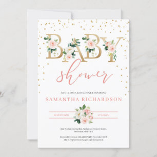 Gold Letters and Blush Floral Baby Shower Invite