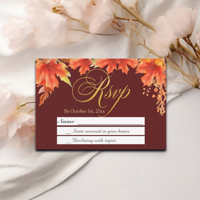 Gold Letters Fall Floral Maple Leaves Wedding RSVP (Creator Uploaded)