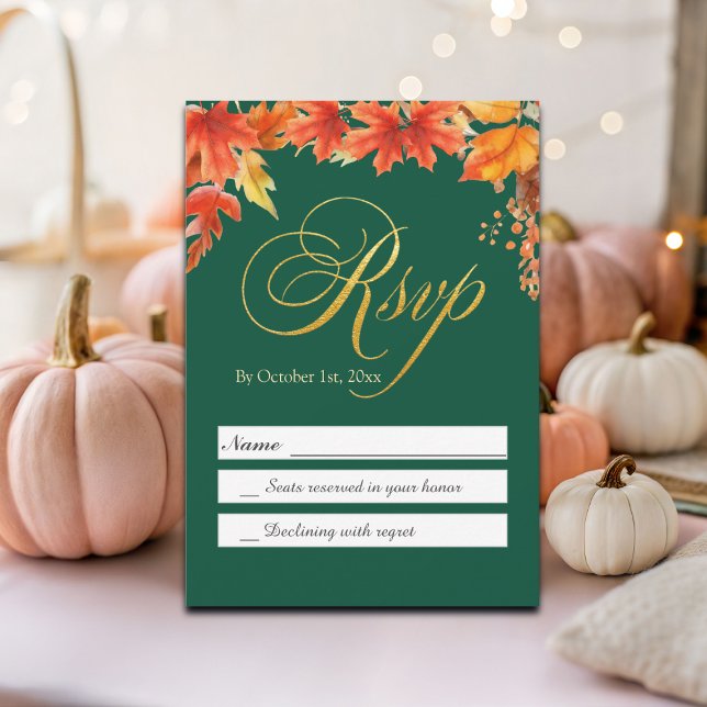 Gold Letters Fall Floral Maple Leaves Wedding RSVP (Creator Uploaded)