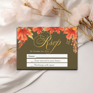 Gold Letters Fall Floral Maple Leaves Wedding RSVP Card