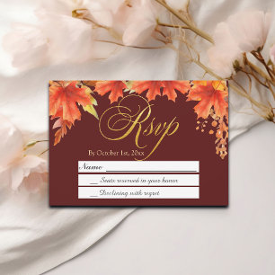 Gold Letters Fall Floral Maple Leaves Wedding RSVP Card