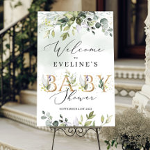 Gold letters greenery baby shower welcome sign