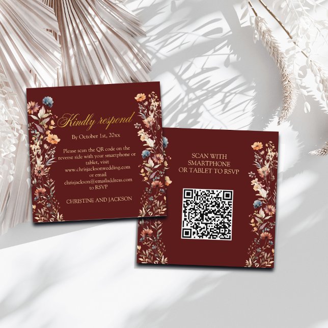Gold Letters Wildflowers QR Code Wedding RSVP Card (Creator Uploaded)