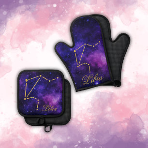 Gold Libra Constellation on Dark Galaxy Oven Mitt & Pot Holder Set