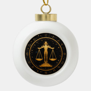 Gold Libra Zodiac Scales Ceramic Ball Christmas Ornament