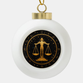 Gold Libra Zodiac Scales Ceramic Ball Christmas Ornament