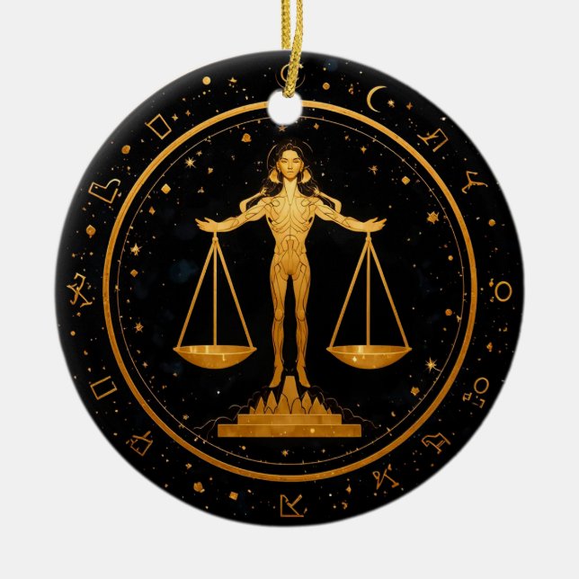 Gold Libra Zodiac Scales Ceramic Ornament (Front)
