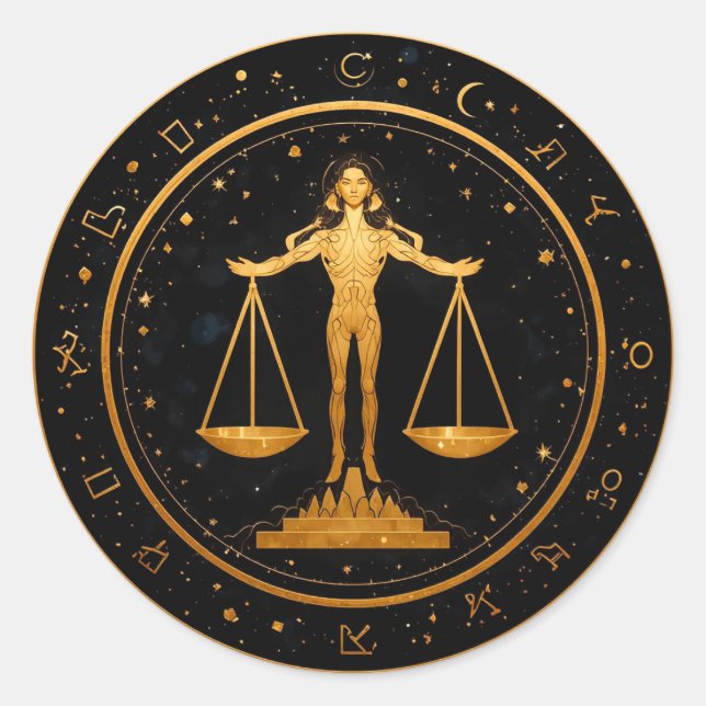 Gold Libra Zodiac Scales Classic Round Sticker (Front)