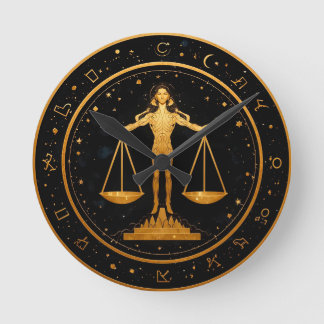 Gold Libra Zodiac Scales Round Clock