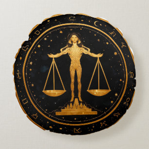 Gold Libra Zodiac Scales Round Cushion