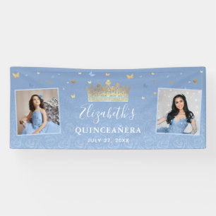 Gold Light Baby Blue Photo Birthday Quinceanera Banner