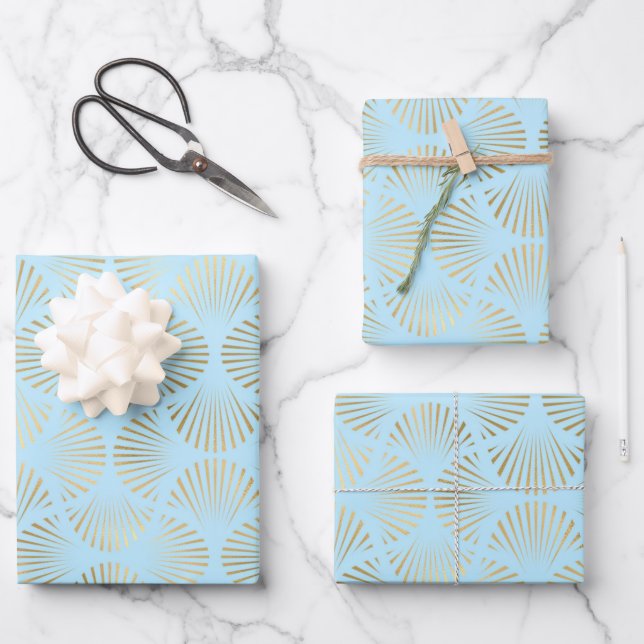 Gold & Light Blue Art Deco Pattern Wrapping Paper Sheet (Front)
