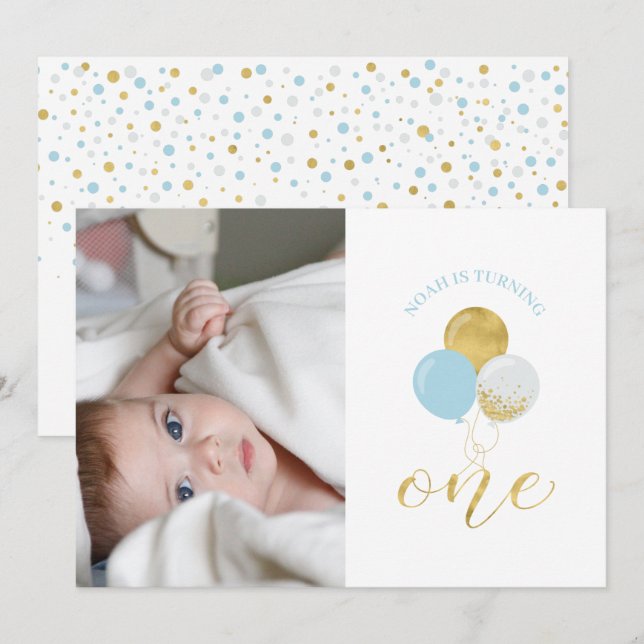 Gold & Light Blue Balloons Boy 1st Birthday Party Invitation (Front/Back)