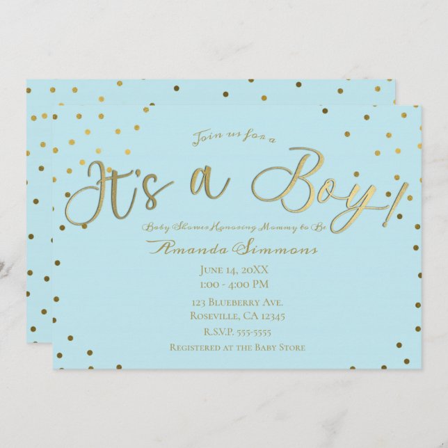 Gold & Light Blue Modern It's a Boy Baby Shower Invitation (Front/Back)