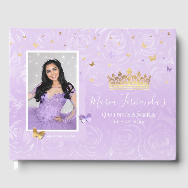 Gold Light Purple Rose Elegant Photo Quinceanera Guest Book (Front)