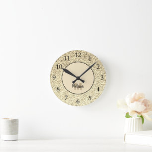 Gold light soft glitter sparkles Monogram Round Clock