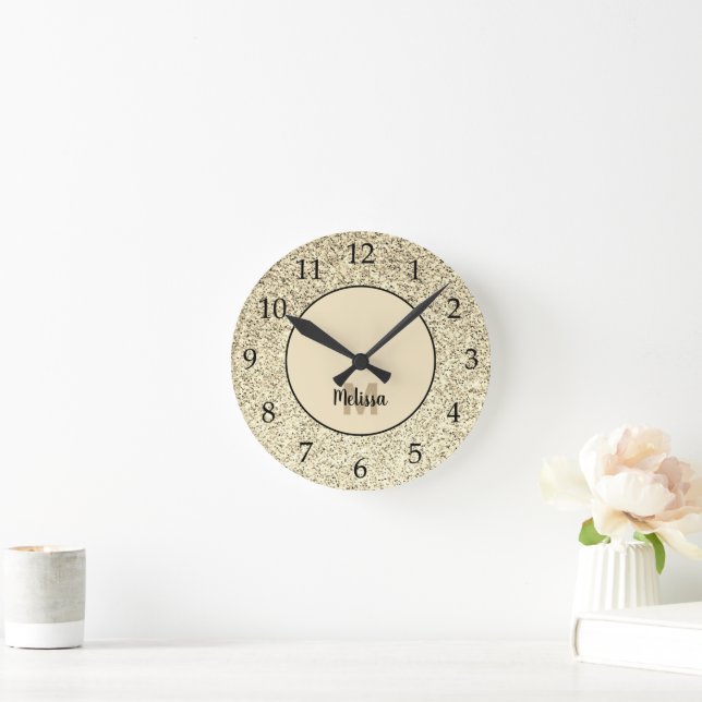 Gold light soft glitter sparkles Monogram Round Clock (Home)